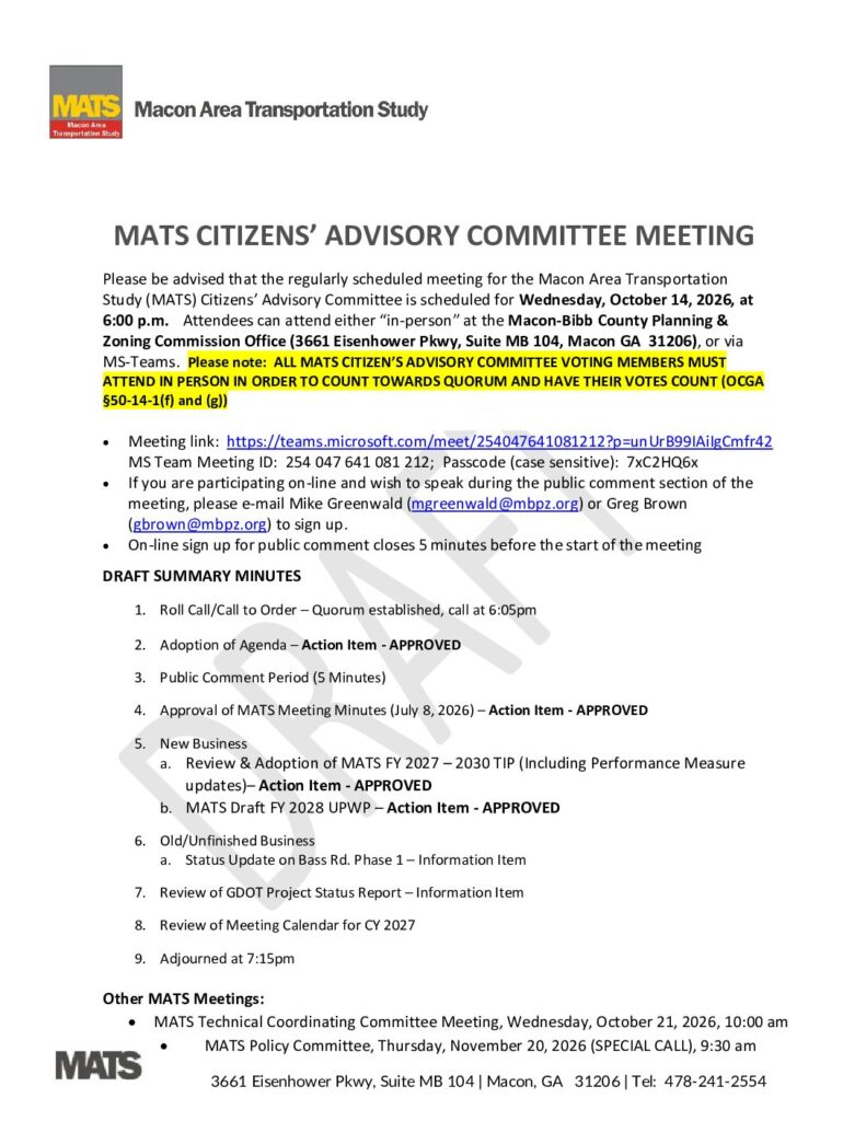 Summary Minutes for 10/14/2026 MATS Citizen’s Advisory Committee Meeting